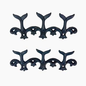 Set of 2 Whale Tail Wall Hooks Cast Iron Blue Coastal Triple Hook 10.5 In